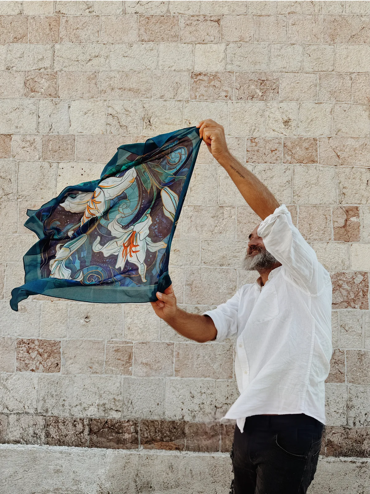 silk scarf with blue lilies